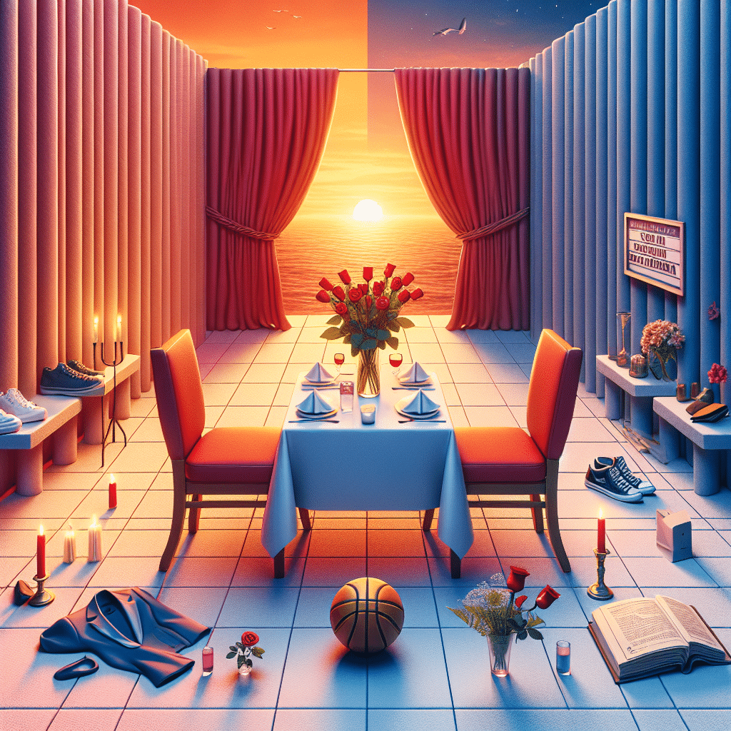 A concept depicting a romantic relationship history, with an abstract twist given the absence of human figures. Visualize a classic dinner setting with two empty chairs across each other, a menu covers the table in the middle, set with a floral centerpiece and candlelight. Beside the restaurant, a seamless sequence leads to a cinema front. Again, no people should be visible, only symbols of a romantic story: folded clothes on one seat, a bouquet of roses, a basketball next to one of the chairs, hinting at a professional athlete. Sunset in the background. No brand names or text.