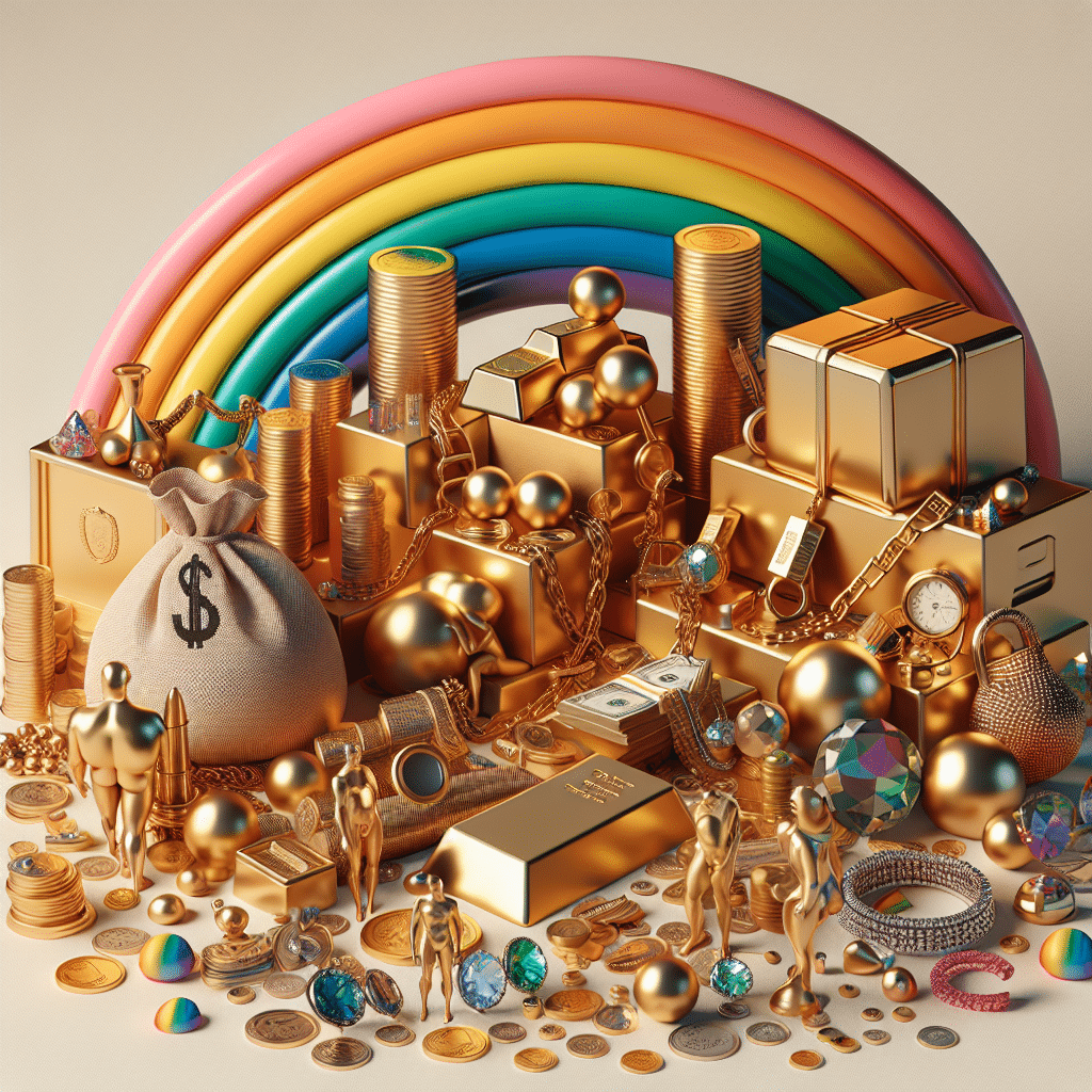 An abstract representation of wealth and exploration of sexuality, without any human figures. The scene should include elements associated with affluence such as piles of coins, gold bars, and valuable jewels. On the other side of the image, include objects that symbolize exploration of sexuality, such as rainbow colors in a subtle and respectful manner. Fill the scene with these elements without any text, people, brands or logos.