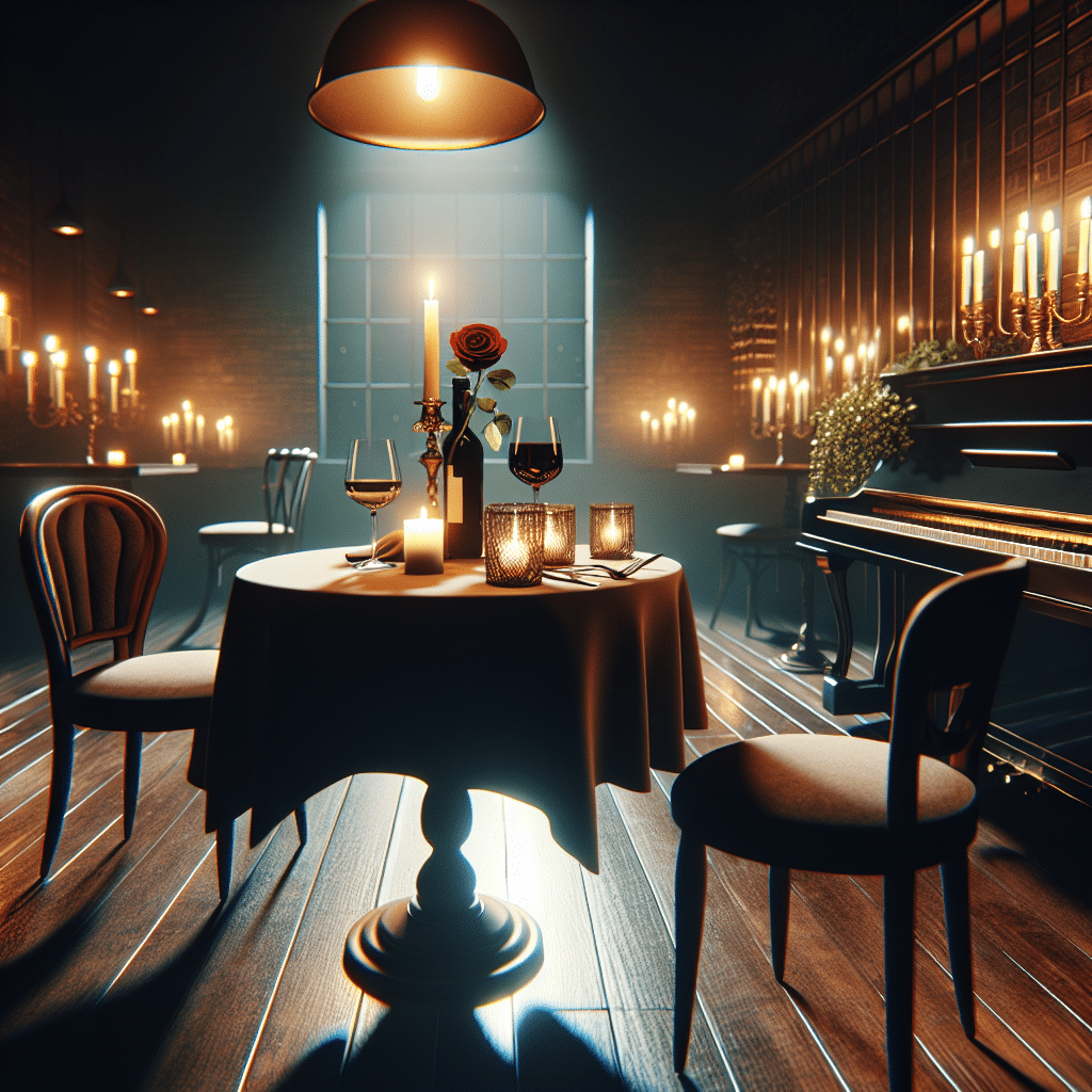 A dimly lit romantic restaurant scene with an intimate table for two, tastefully decorated. It is set for a rendezvous with wine glasses, a candle, and a single red rose placed in the middle. On the other corner of the image, visualize a piano with an empty stool, signifying the presence of music. The surroundings indicate an atmosphere of elegance, secrecy, and romance but devoid of any human presence. Make sure no text, brand names or logos are included in the scene.