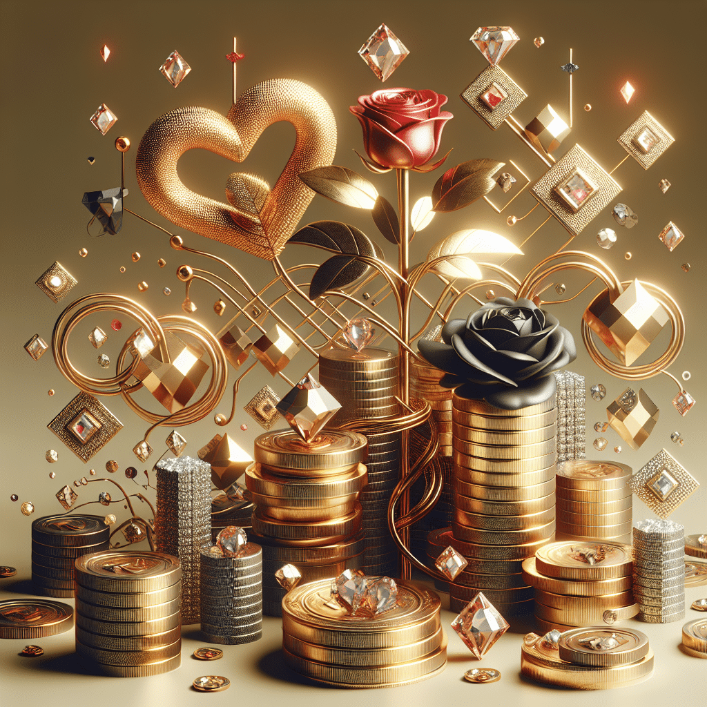 An abstract representation of luxury, success, and romance without any human figures. Illustrate wealth with visuals like piles of gold coins and diamonds. Depict the concept of romance through symbols, like an intertwined rose and a heart symbol, implying a connection. Ensure no text or brands are visible in the scene.
