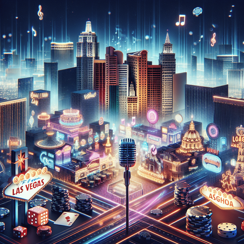 An evocative, nighttime cityscape of Las Vegas. Bright neon lights of various unnamed casinos and towering skyscrapers light up the horizon. Dice and poker chips scattered around represent gambling, with a microphone and a stage to signify a musical residency. No humans or recognizable brand names are included. All signages are abstract and intentionally blurred out to avoid any text or specific details. The presence of music notes floating in the air pays homage to a performing artist theme without specifying any individual.