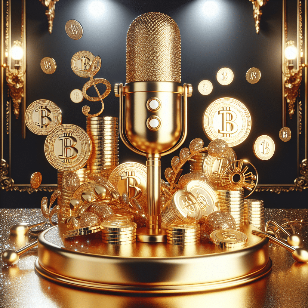 An image symbolizing musical success and wealth, devoid of people. The composition features a golden microphone to represent music and success, nestled against a backdrop of glittering gold coins to represent wealth. The whole scene is imbued with a glossy, silken texture to give a nod to 'Silk Sonic'. The setting is a luxurious room, with posh furniture and embellishments, but void of any brand names or logos. Note that there should be no text present within the image, nor on any items within it.