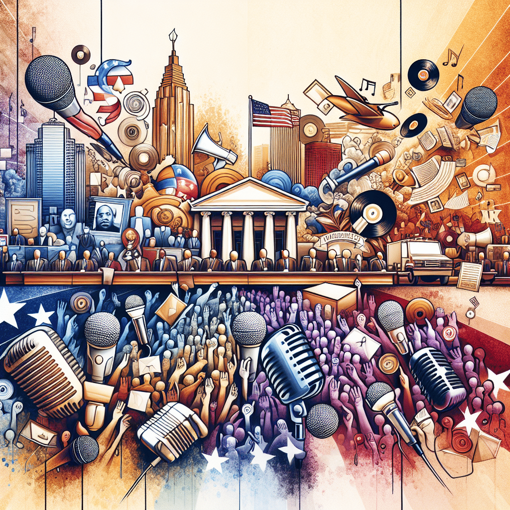 An abstract representation of political discussions and triumph within the music and entertainment industry, without including any identifiable people or branding. The image should contain symbols of politics, such as a government building or symbols of democracy, intermixed with items representing success in the entertainment field, such as microphones, awards, or records. Furthermore, in the backdrop, include hints of a large city atmosphere to suggest the city of Atlanta. However, ensure no text, logos, brand names, or identifiable individuals appear in this depiction.