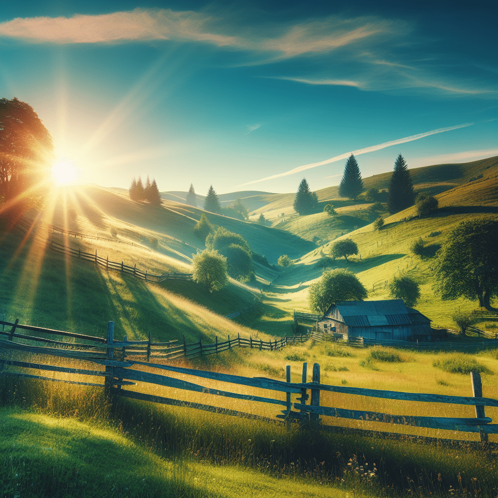 A soothing landscape image. This image features a quaint countryside backdrop with rolling, hill-dotted meadows under a clear cerulean sky. The mid-day sun shines brightly, casting dramatic rays of sunlight ​across the scenery. A rustic wooden fence lines the meadow, leading to an old farmhouse in the distance. No human or animal figures are present in the shot. No text or brand logos are included in the image.
