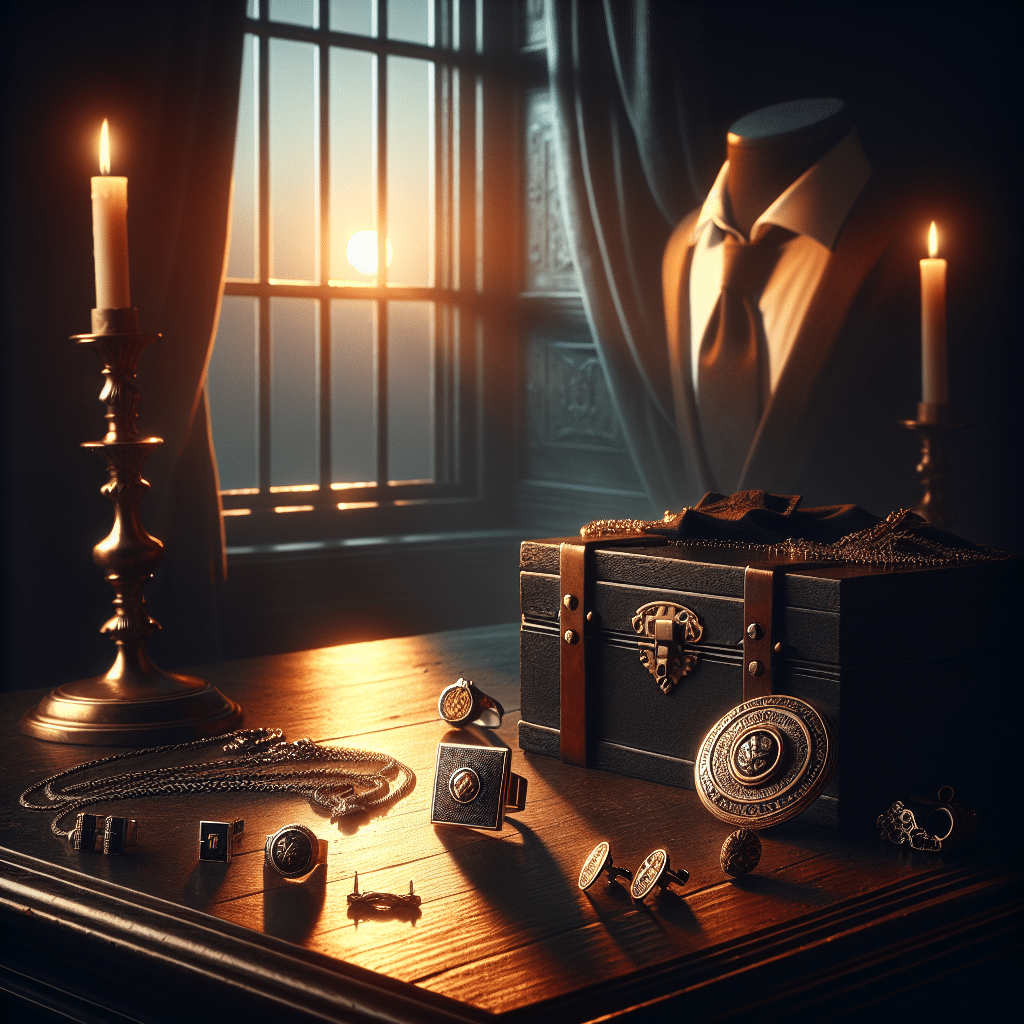 A mysterious and romantic scene: an unoccupied room at dusk, lit by the dim glow of a setting sun peering through a slightly ajar window. On a vintage wooden table, several pieces of jewelry are scattered out, including a necklace with a pendant, a pair of cufflinks, and an ornate ring, each without logos or identifiable brand markings. The elements of the scene spark curiosity and suggest romance, but no people are present. There are no text or brand names present in the scene.