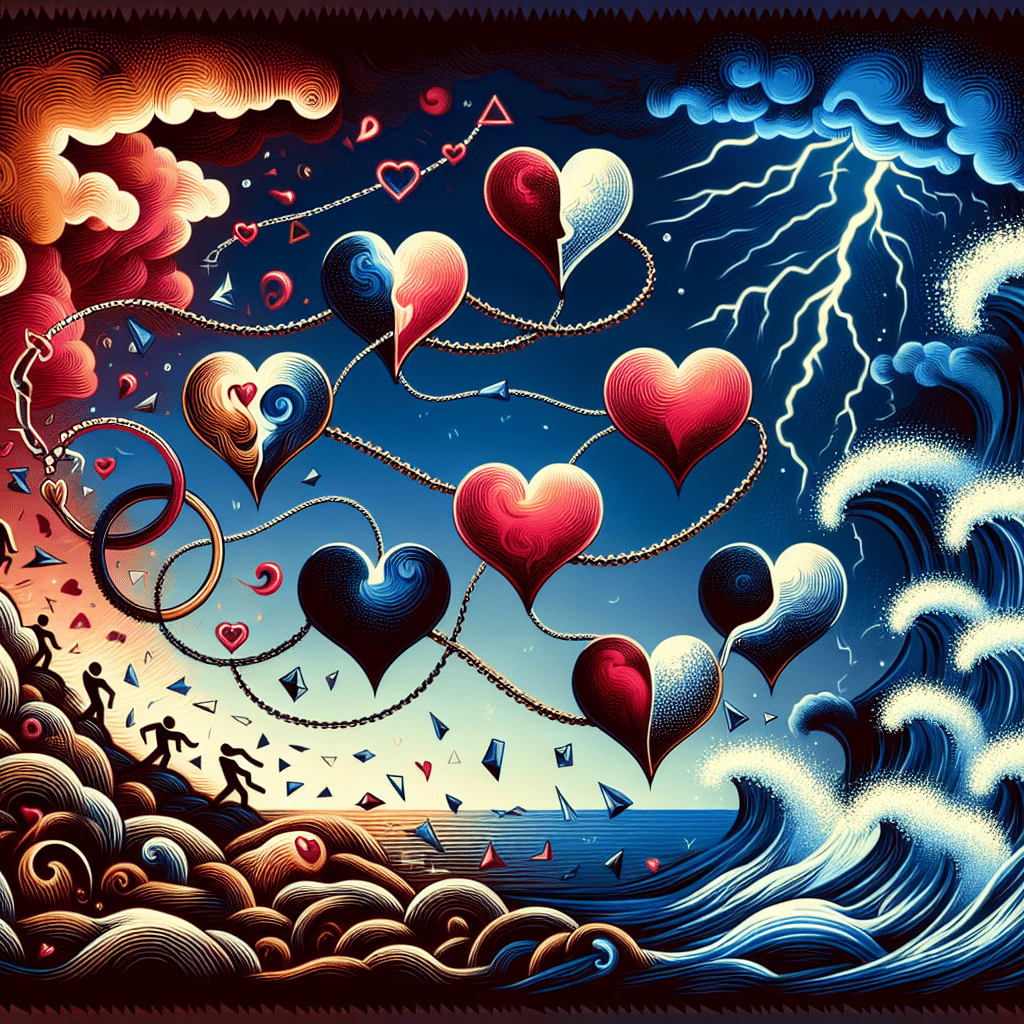 An abstract illustration symbolizing a dramatic, romantic saga. The image can be divided into two parts. On the left, there is an interconnected chain of abstract hearts, representing a series of romantic relationships. Each heart varies in style and color, and the chain has twists and turns symbolizing the complications often found in dating histories. On the right, there is a depiction of a stormy sea and lightning, representing dramatic situations and conflicts. Note, this image should not include any specific individuals, brands or logos.