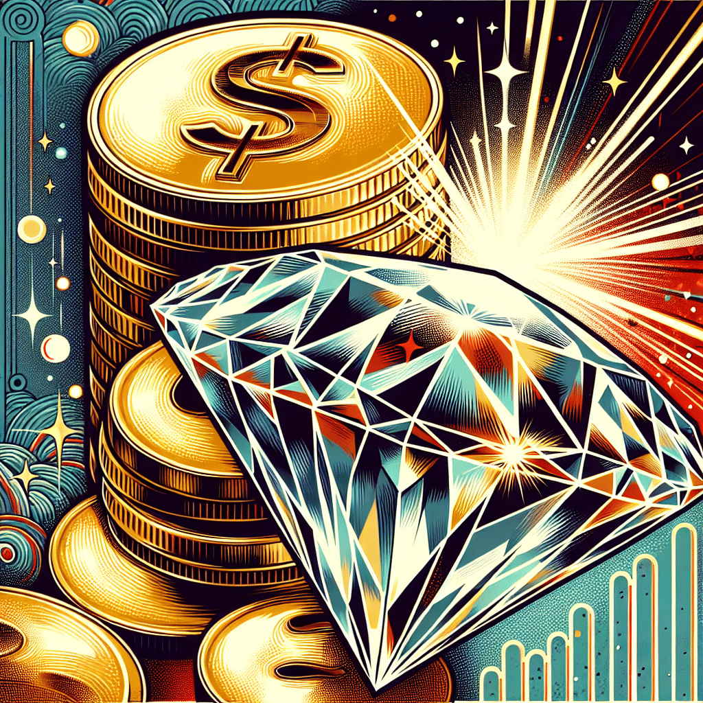 An illustration showcasing symbols of wealth and luxury. On one side, there's a pile of gleaming gold coins vaguely shaped in a dollar sign ($). On the other side, a big dazzling diamond, rough and uncut, emitting radiant light. The background is filled with abstract patterns that give an impression of extravagance but remains devoid of any human presence. Please note, there should be no text, brand names, logos, or people included in the image.