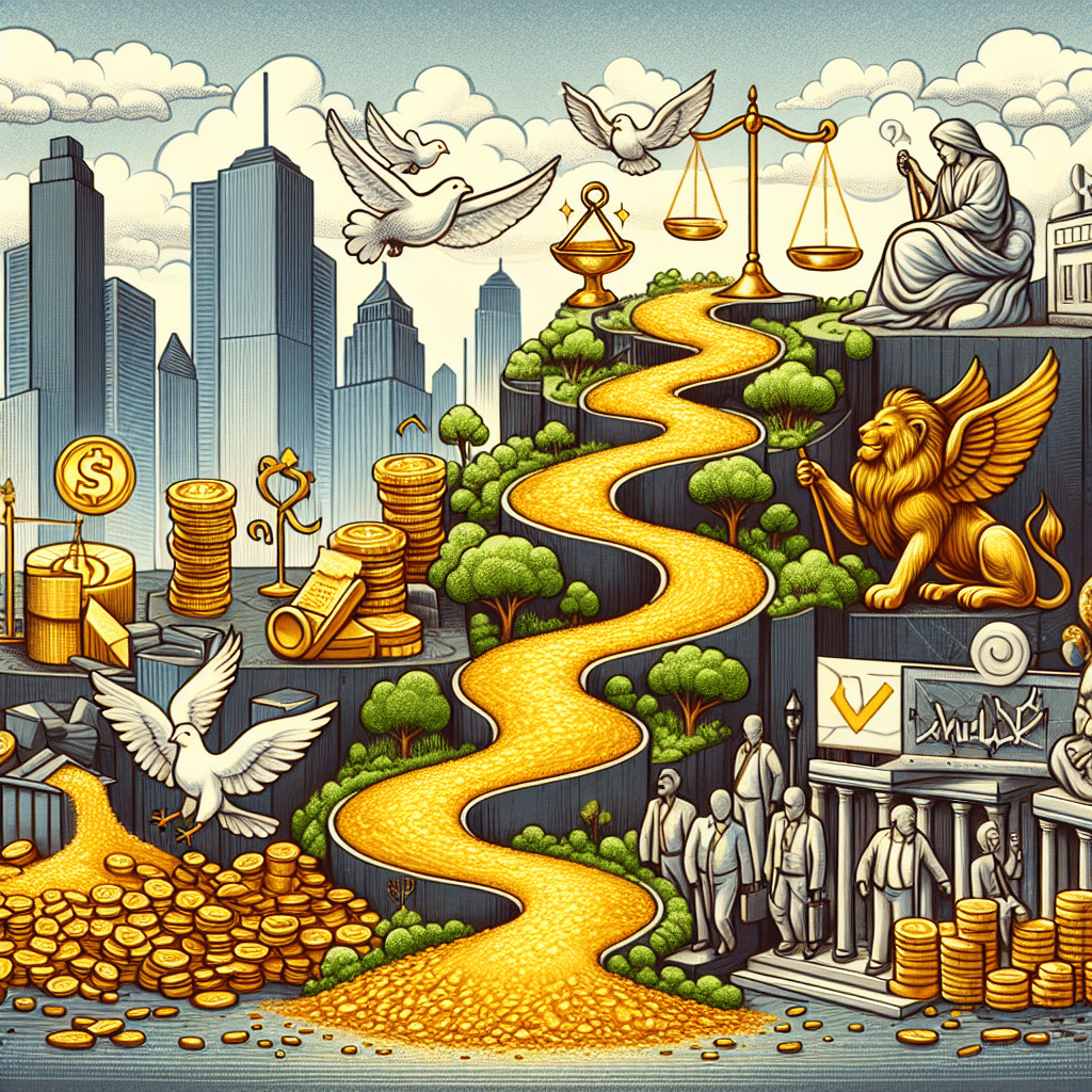 Illustrate the concept of political evolution without people. The image could depict a path that twists and turns, representing changes and growth, surrounded by symbols of diverse political ideologies - such as a scale for justice, a lion for courage, or a dove for peace. In addition, depict wealth without brands or logos. You can use a paved golden path or a mountain made of gold to symbolize wealth. The scenery should be set within a city environment, perhaps showing skyscrapers in the backdrop to represent urban development.