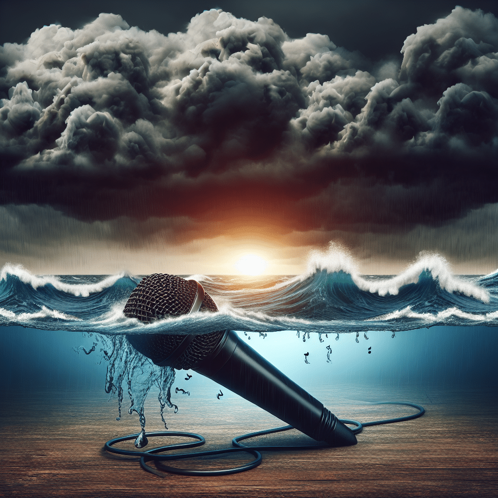 A symbolic representation of the aftermath of controversy in a musician's career. Show a stormy sea representing the controversy, a sinking microphone representing the musician's career, and a cloudy sky indicating uncertainty. The sea churns with waves, with the microphone half-submerged, illustrating a struggling career. The sky is filled with dark, ominous clouds, representing the unsure future. Everything in the image should carry the metaphorical weight of a crisis in a successful person's life