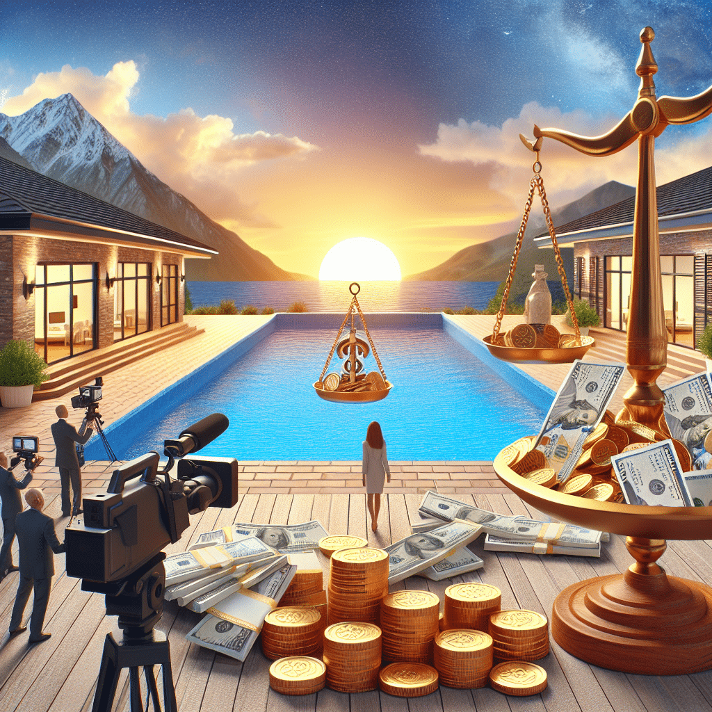 An image that metaphorically represents a popular daytime talk show host's financial status following the conclusion of their widely-viewed television program. The scene should be free from brands, logos, text, and human figures. Instead, place emphasis on symbolic elements: a setting sun signifying the end of a television show, an upscale home symbolizing wealth, and a scale balancing coins and bills to represent financial balance and net worth.