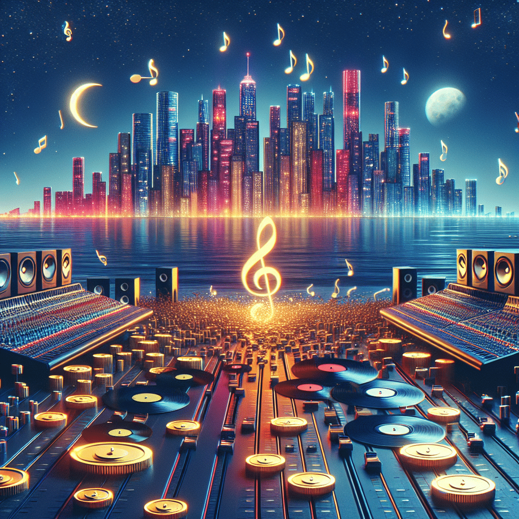 A music production empire depicted abstractly with no people present. A metropolis skyline at night, illuminated by neon lights, with skyscrapers stylized as giant mixing consoles and audio equipment. In the foreground, medium sized golden coins signify wealth, scattered around. In the sky, treble clefs and bass clefs as stars. Everything overlooks a calm sea where vinyl records gently float, representing a vast musical repertoire. No text, logos or brand names are included, adhering to the rule of being very neutral and generic.