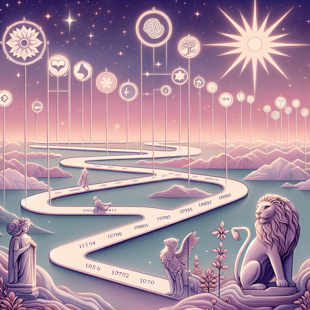 An abstract representation of dating history, depicted as a winding path with various symbolic markers, such as different types of weather symbols to reference different moods and feelings, and crossing over a stylized river named 'St. Vincent'. On the sides of this path are stylized motifs based on a 'Cara' theme, such as majestic lion-themed statues and representations of the sun in honor of the star constellation 'Leo'. The overall scene is ethereal and dreamlike, using pastel colors and depicting a serene sky filled with twilight stars, however, no people or brand logos are present.