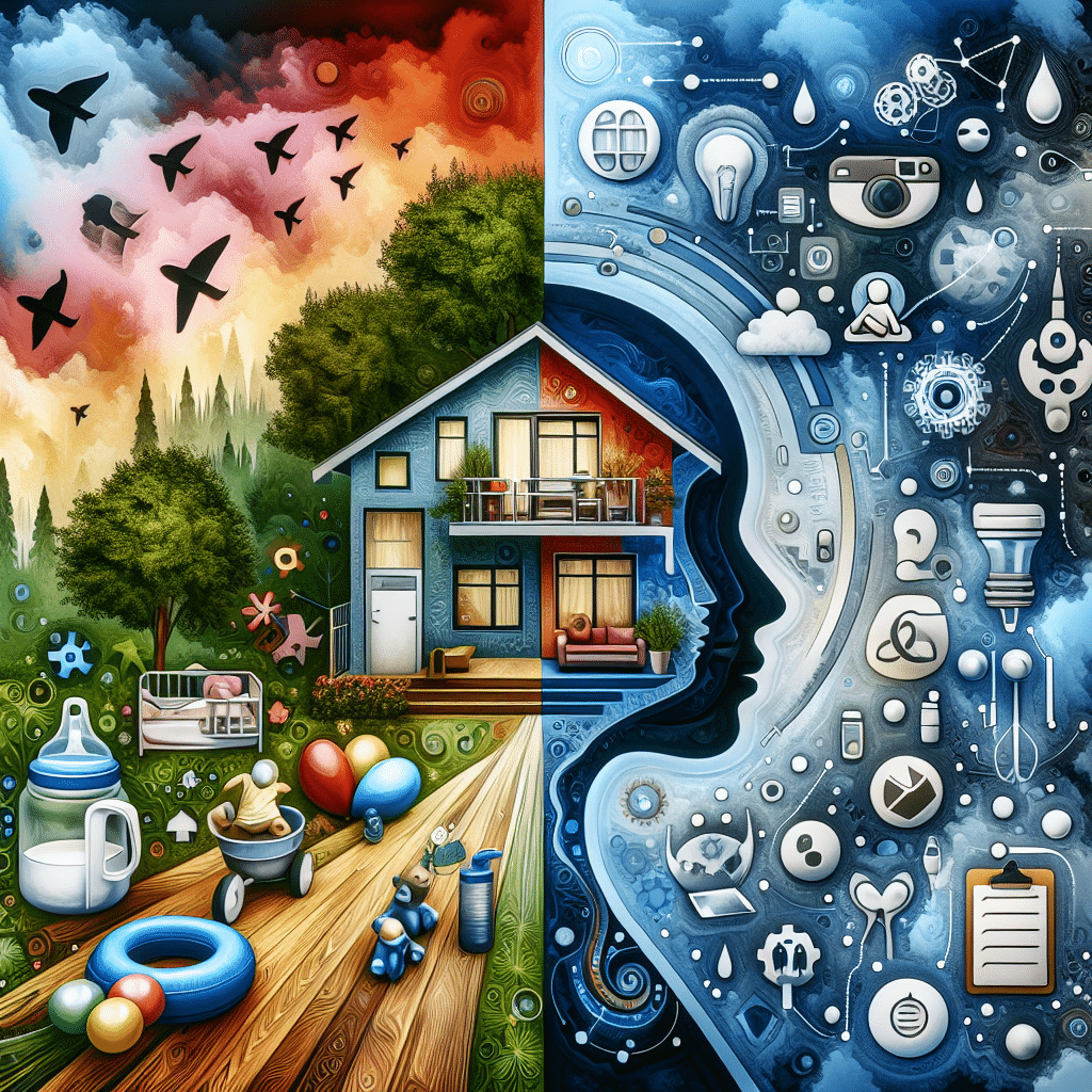 An abstract representation of co-parenting drama without portraying any specific individuals. Visualize a split image with one side showing a tranquil home embedded in nature, symbolizing peace and tranquility, and the other side demonstrating various symbols of technology and innovation, indicating the tension and complexity of life. Include elements that communicate the concept of parenting and care, such as toys and feeding bottles, however, distribute them in a juxtaposed manner to reflect the drama and tension amidst the co-parenting situation. Don't include any brand names, logos, or people in the image.