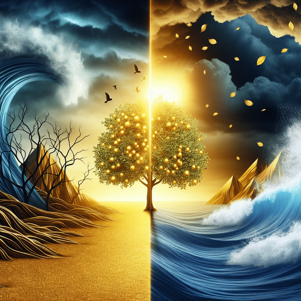 An symbolic representation of health struggles, personal growth, and financial success. The image should be divided into two halves. The left half depicts abstract symbols representing health battles - a stormy sea with high waves under a tumultuous sky. The right half shows symbols of wealth - a shiny golden mountain peak bathed in sunlight, protected by a solid fortress. To convey triumph over adversity, show a lone tree bridging the two halves, its roots deep into the stormy sea, and its branches reaching out towards the sunlit path, peppered with golden leaves.