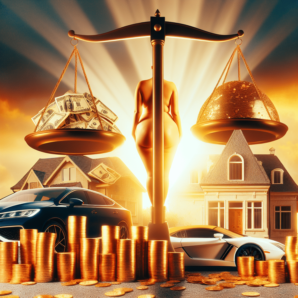 A dramatic image that signifies body positivity and wealth without featuring humans or brand names. The foreground displays iconic symbols of financial prosperity such as a pile of gold coins, a luxurious mansion, and a fancy luxury car. In the background, there's a giant scale showing equal weights, symbolizing balance and body positivity. The scene is enveloped in a sunset imbuing the whole scene with golden rays, suggesting accomplishment and empowerment.
