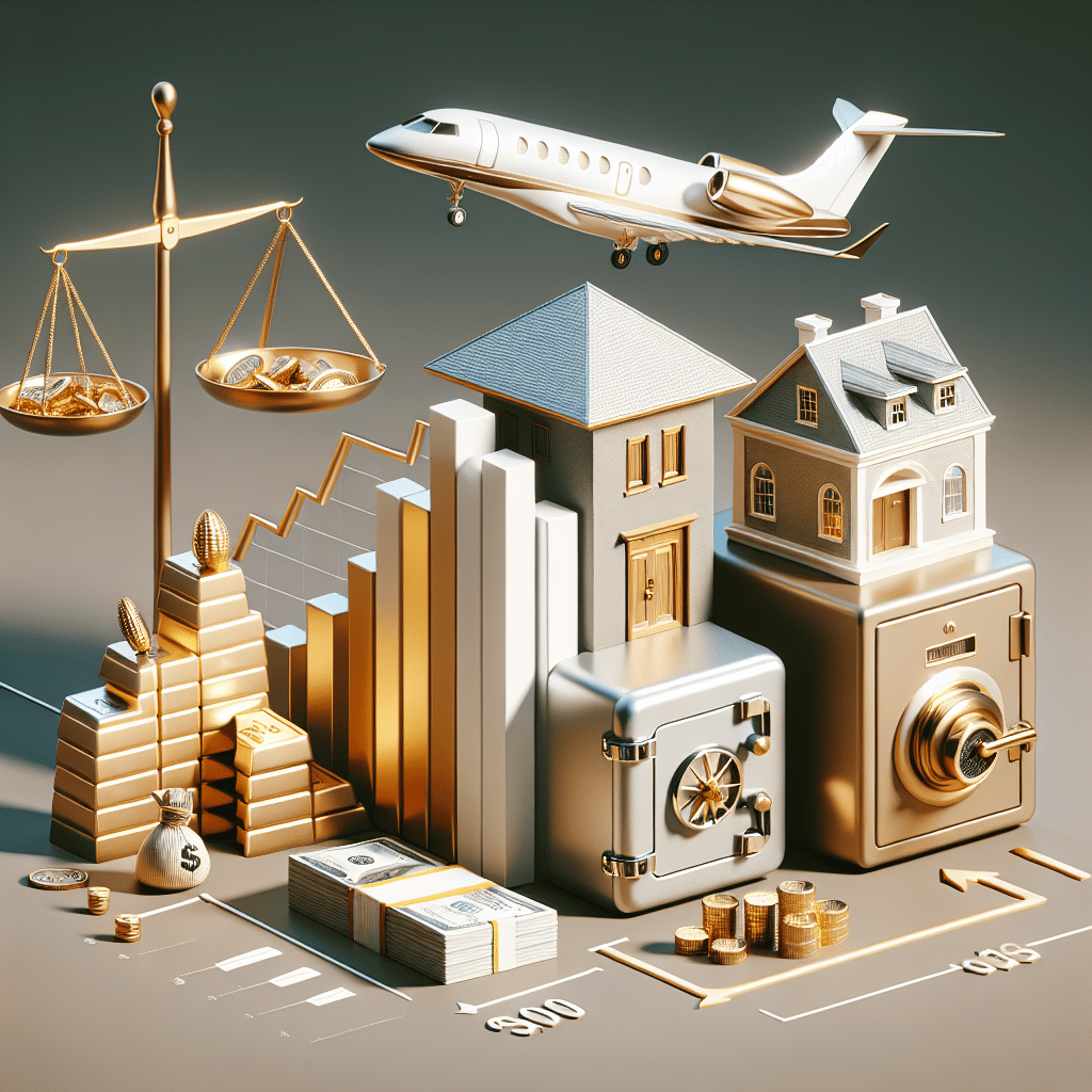 Illustrate an abstract concept featuring symbols of wealth and finance like stacks of money, safe, gold bars, minimalist luxury house, and an elegant private jet, all without any branding or humans visible. Make sure there are no brand names or logos within the images and the scene should not include any text on the items. A scene with a balance scale might suggest the idea of net worth, perhaps, and let's juxtapose this with an upward trend graph to imply growth, but without indicating any specific values or amounts. Keep the overall style sophisticated and abstract.