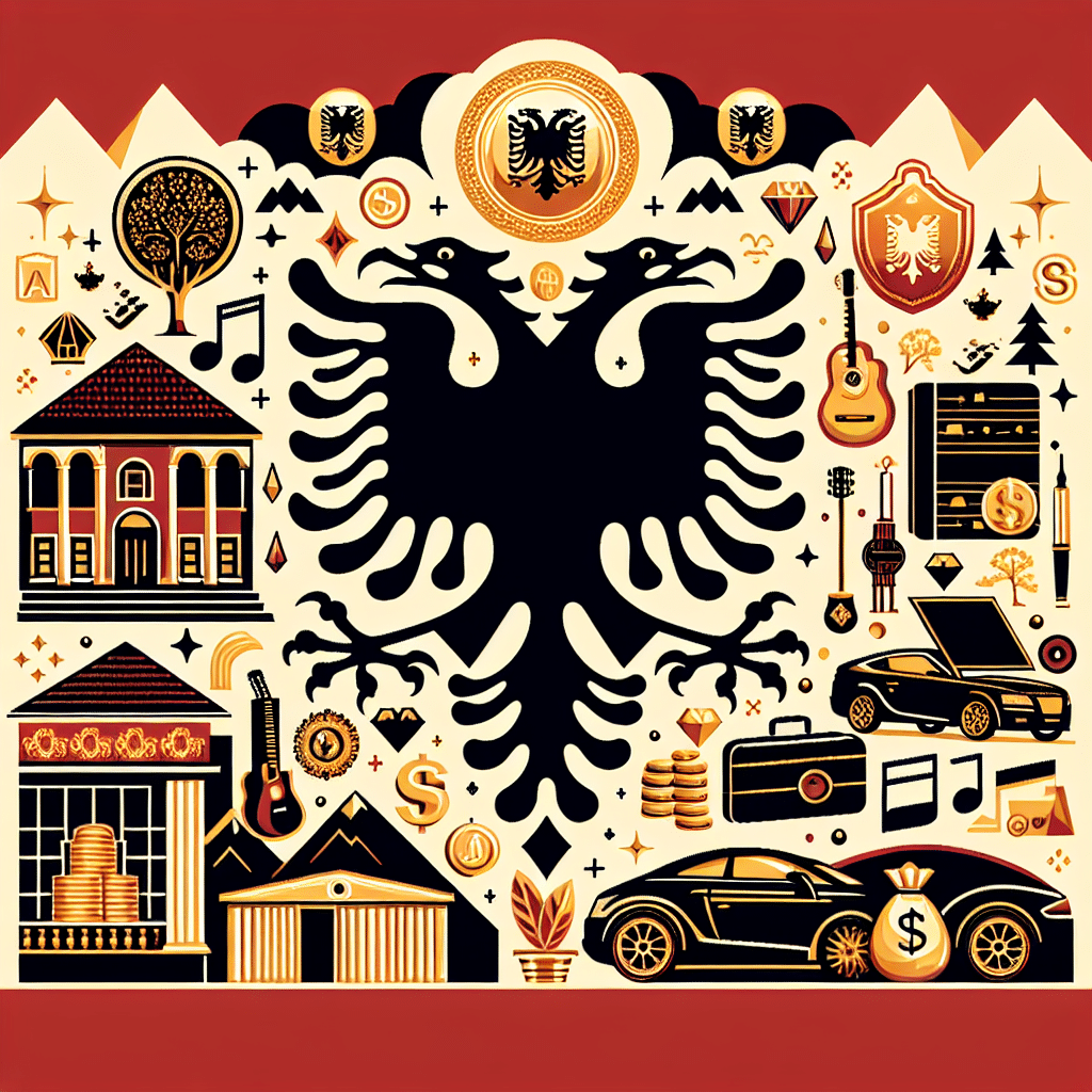 A composition showcasing the symbols of Albanian culture and wealth. This could include traditional Albanian elements like a double-headed eagle emblem, the silhouette of Albanian mountains, and perhaps musical symbols to suggest a pop music career. Also include some universal symbols of wealth such as a treasure chest overflowing with gold and jewels, fancy car outlines, and a luxurious mansion. Ensure no people, text, brand names or logos are present in the image.