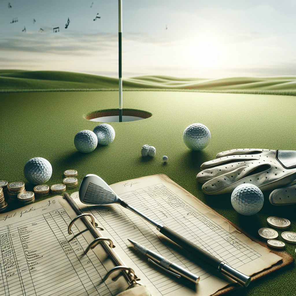 A golf course under a clear, sunny sky. On the immaculate green lawn sits a golf ball near a hole, next to it a high-quality golf club. To the side, a pile of golf balls and a well-worn glove suggests someone's passion for the sport. A stack of gold coins and a ledger book nearby symbolize wealth. These are interspersed with musical notes subtly shaping the contours of the scene, suggesting a connection to a musical career. Please note that the scene should be depicted without brand names, logos, text, and people.