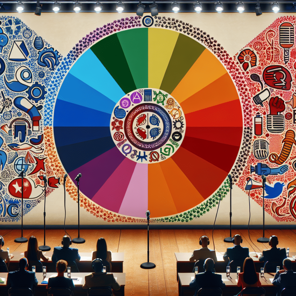 An image representing a wide range of political ideologies, depicted in a visual metaphor such as a spectrum or color wheel. Within it, various symbols stand out to represent controversial viewpoints without being attached to any specific person, brand, or politician. The scene should include prominent visual cues for debate and discussion, such as microphones and headphones, alluding to the nature of a podcast without showcasing any people or brand names.