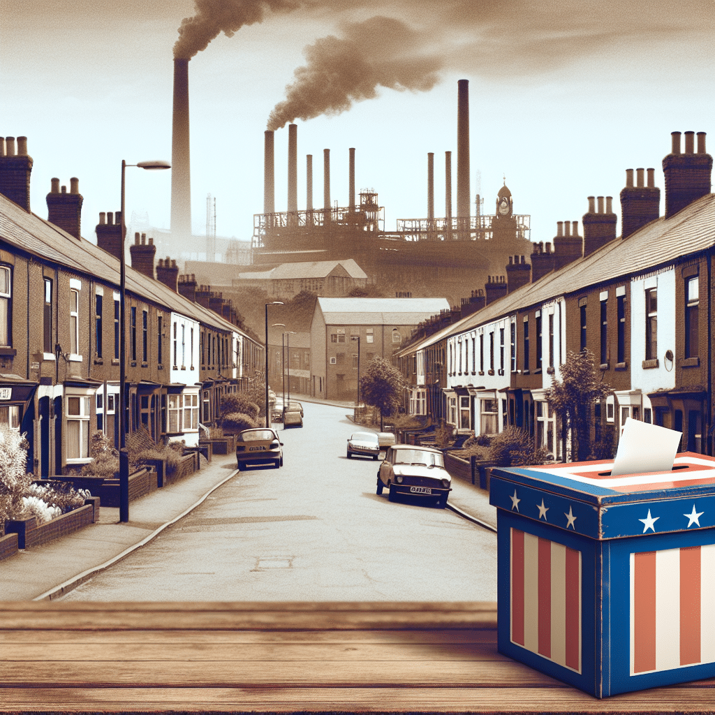 A picturesque street in an industrial town, depicting the essence of working class roots. There's no one on the street, but signifiers of everyday life are visible - terraced houses, a local pub, factory buildings in the distance, slightly smoggy skies. Alongside, there is a symbolic representation of political views - a simplistic image of a voting box on a wooden table. No brand names or logos are visible.