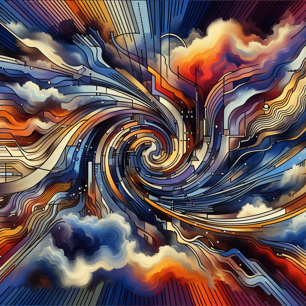 Generate an abstract representation of complex relationships and interpersonal drama. The image should depict intertwining lines and shapes of various colors to symbolize different relationships and datelines, along with an overlay of storm-like patterns to symbolize turmoil and drama. The color scheme should be bold and vibrant, but no brand names, logos or any representation of people should be included. Also, make sure not to include any form of text, whatsoever, within the image.