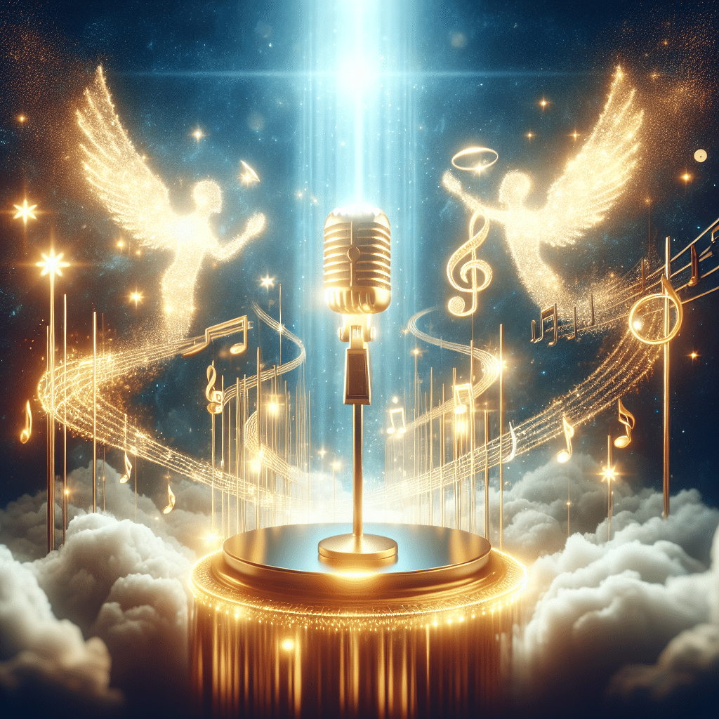 An abstract representation of success and wealth in the domain of Christian rap, without showcasing any brand names or individuals. Showcase elements like a shining golden microphone, a lofty podium, a sky filled with shining stars, and soaring musical notes, which are all radiating with divine light. The glowing ambiance and ethereal aura around the symbols represent the essence of success and the influence of Christian values within the musical domain.
