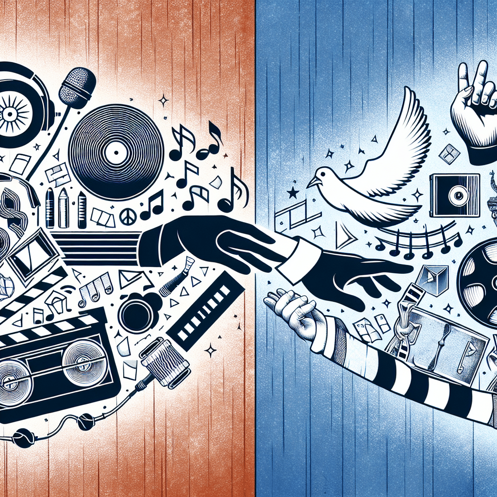An abstract representation of a mixtape and a film clapboard, signifying the idea of a connection between the music world and the film industry. A depiction of icons could include a microphone, headphones, a film reel, and a director's chair. On one side, the image portrays a symbolic representation of political ideas symbolized by a variety of political symbols like a ballot box, peace dove, or scales of justice. The two halves of the image are united by a pair of hands reaching out to each other, representing connection and unity.