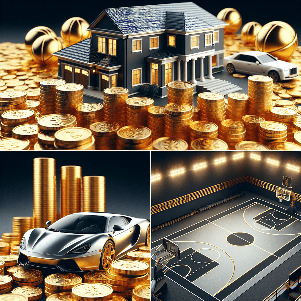 An image representing the concept of wealth without any brand names or logos: a pile of gold coins, a luxurious mansion and a high-end sports car. Additionally, depict a basketball court ready for game, reflecting the professional basketball career. Everywhere in the imagery, emphasize colors like platinum or gold to symbolize wealth. No text, people, or brands are included in the scene. Make sure that all objects are unbranded and generic.