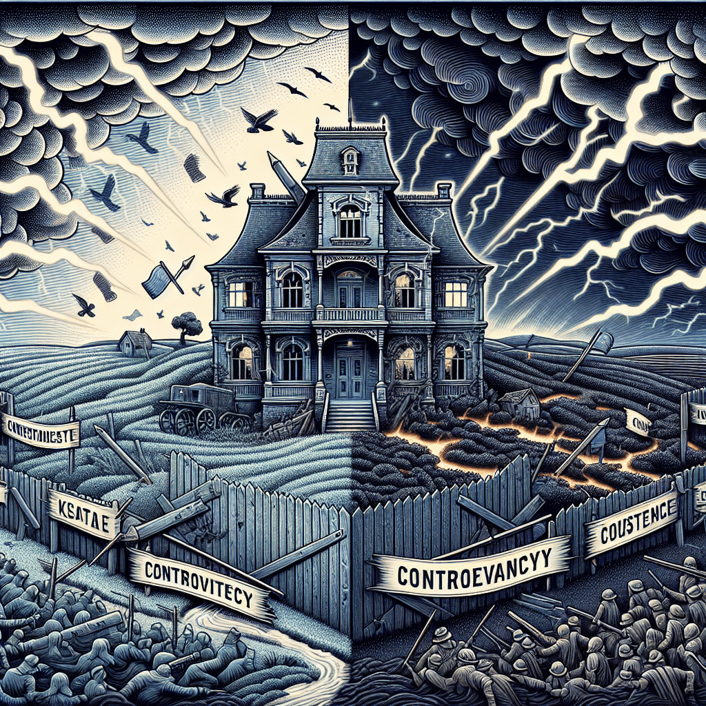 A complex illustration depicting the concept of battles over an estate and controversy, without featuring any humans, text, brand names, or logos. To convey these themes, show a large mansion, symbolic of an estate, in the middle of a chaotic storm, representing controversy and dispute. The mansion is worn and confliced, showing signs of long history and battle. The surrounding area is a landscape shrouded in turmoil, with darkened clouds and flashes of lightning illuminating the sky. There is also a broken fence symbolizing boundaries being fought over. However, ensure to stay away from any specific identifiable characteristics of any real world estate or person.
