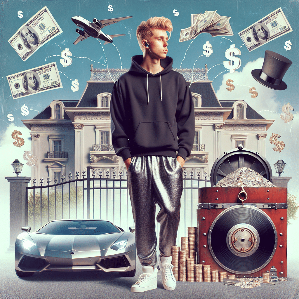 A visualization of the concept of a musician's net worth and music catalog value. Define a musician with a lean physique, side-swept blonde hair, wearing casual street-style clothing in front of a large mansion and an exotic car, with dollar signs floating around, hinting at a large net worth. Nearby, picture a vault or treasure chest indicating a valuable music catalog. In the background, show symbols of music like vinyl records, musical notes, and sheet music, but without any text or brand logos. No other people should be visible in the image.