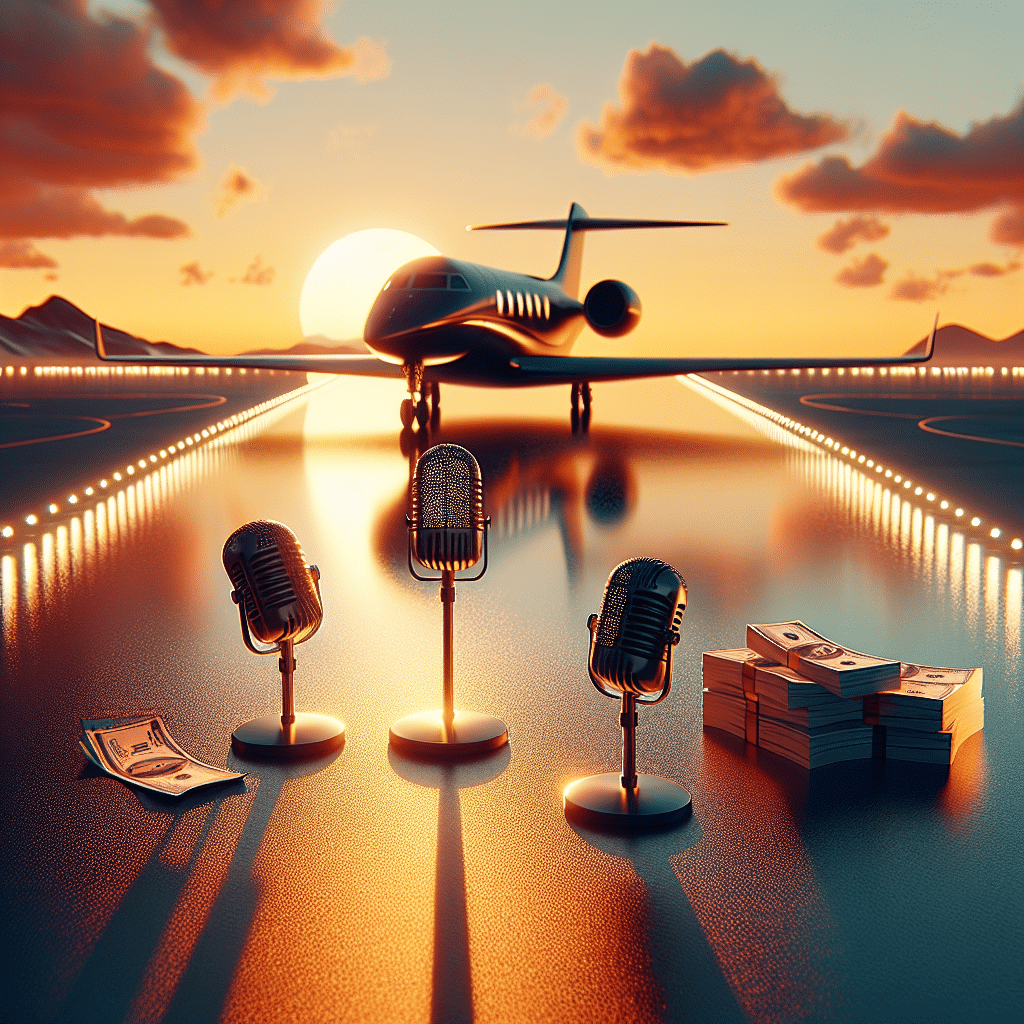 A abstract representation of excess wealth, signifying net worth, without any direct reference to persons or brands. The scene displays a luxury private jet about to take off from a gleaming runway, hinting at the concept of 'Takeoff'. It's an early evening, with the sun setting in the vibrant, orange sky, casting a gorgeous silhouette of the jet. Nearby, three microphones stand together, symbolising the trio in a music group, indirectly referring to 'Migos Legacy'. Money bills are subtly scattered on the runway, symbolising wealth, but no specific currency is distinguishable.