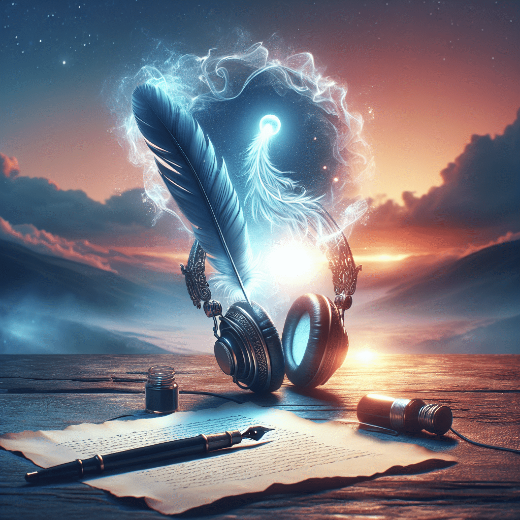 An atmospheric visual symbolizing the posthumous influence and cultural impact. The composition contains a pair of headphones emitting a glowing light, invoking the idea of music and voice continuing beyond life. Additionally, a feather ink pen and blank paper symbolize the idea of a continuing legacy. An ethereal landscape in the background signifies the concept of reaching beyond life. The scene, filled with soft sunset colors, is devoid of people and text. No specific brands or logos are present to respect the non-commercial request.