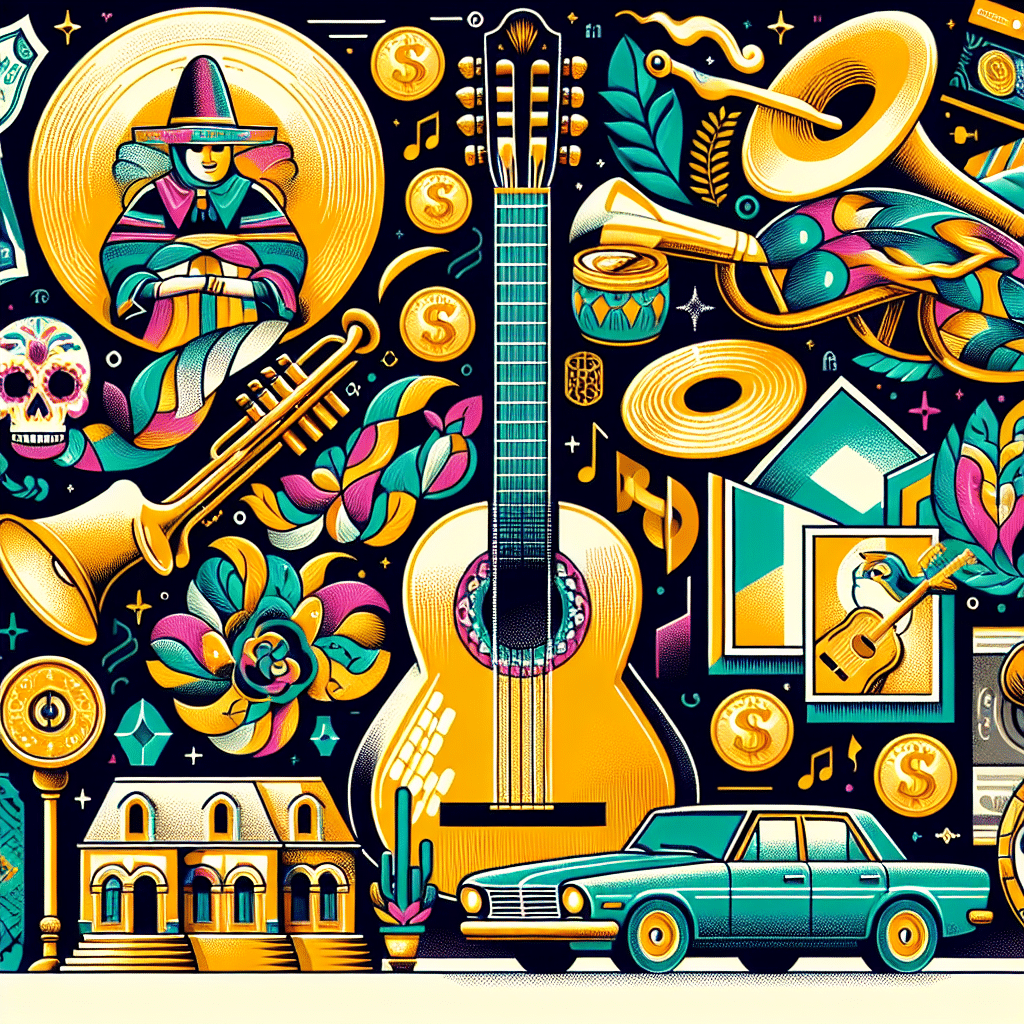 An illustration representing the concept of success in Regional Mexican music. The image should be void of any human figures. Visualize various elements associated with this music genre like traditional Mexican instruments such as a guitarrón, violin, trumpet, harp. Pair these with symbols of financial success, such as gold coins, a luxurious mansion, and a luxurious car, making sure to omit any brand names or logos. Add a golden record to symbolize musical success. Keep the palette vibrant to reflect the energy of the music and the richness of the achievement.