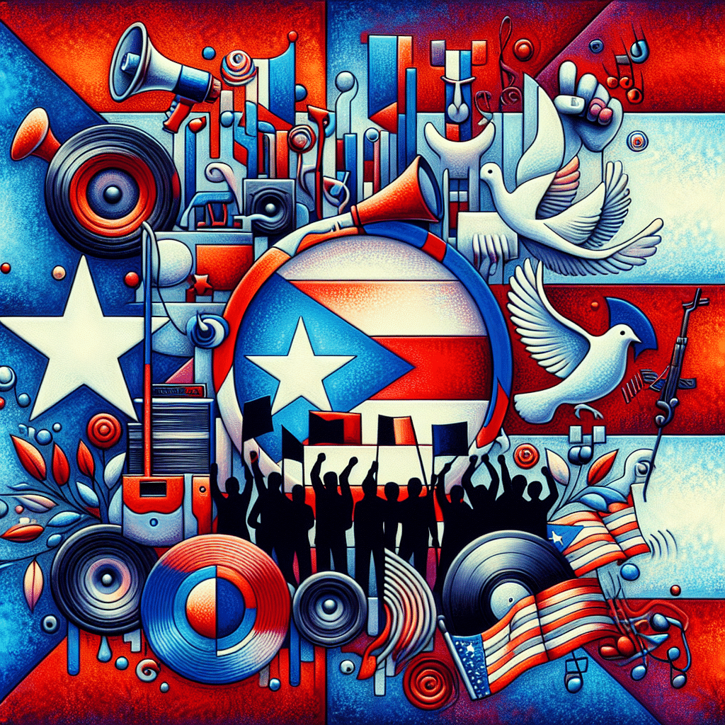 An abstract representation of a political activism scene oriented around Puerto Rico's flag, showcasing its vibrant colors of red, white and blue. The scene has symbols representing kinds of activism such as protests sign, a megaphone, and peaceful dove, all devoid of any human figures. The background is imbued with musical elements such as records and musical notes, signifying the connection to a musician’s influence, yet avoid any direct figuration of specific artists. There is no clear text or brand names in the image.
