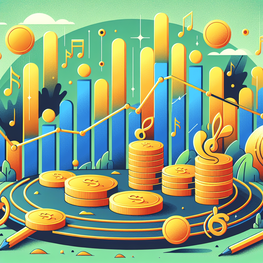 Illustration featuring abstract concept signatures of wealth such as golden coins, a growing bar graph to represent financial success, and musical notes, hinting towards a musical career. The setting should be centered around a lush tropical landscape to signify Puerto Rican pride. The image should visually distinctive, without any brand names, logos, people, or text of any kind.