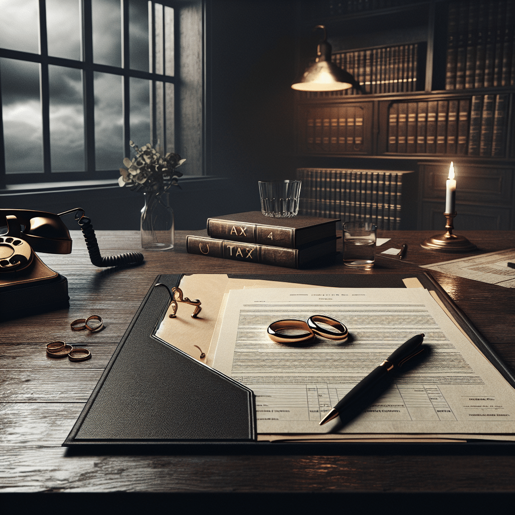 An image depicting the concept of separation and legal documents. The scene includes a dimly lit room with a wooden desk, upon which lies an open file with generic non-branded legal papers. There's a pair of golden wedding rings, symbolizing a couple's split, on the desk. The room has vintage-style dark wood furnishings and a large window through which you can see a gloomy skies, representing stress. A tax-related book, an empty glass, and an unplugged vintage landline phone are also on the desk. There's no text, brand names, logos, or people in the image.