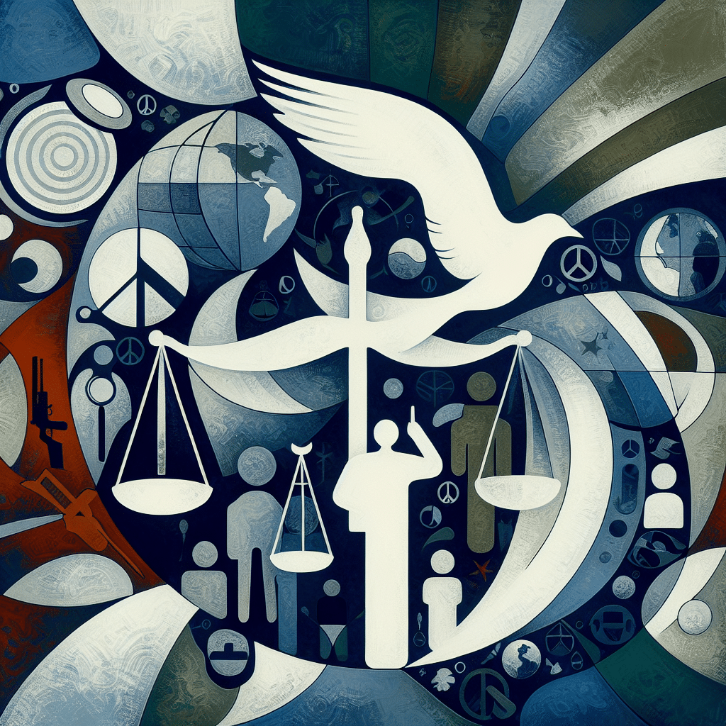 An abstract conceptual illustration, without people or text, representing political and social viewpoints. The illustration can include symbolic imagery such as a scale for justice, a peace dove for peace, and a globe for international matters. Please avoid including brand names or logos.