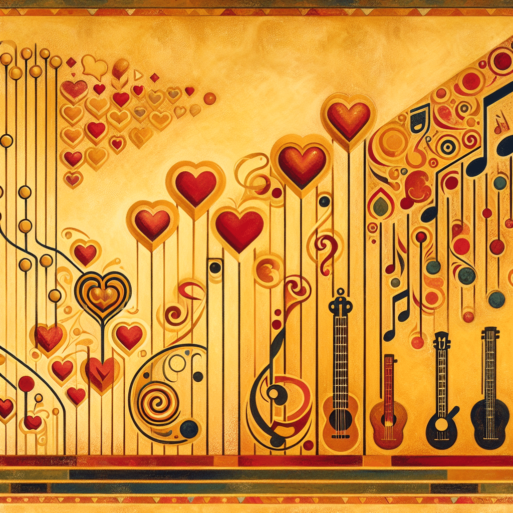 An artwork featuring elements symbolizing romantic relationships and success in music, seemingly Spanish in flavor. The relationships could be represented by a series of corazones or love symbols, arranged in an ascending pattern, as though progressing through time. The music success could be signified by an image of a golden lyre or a mic, imbued with a lively flamenco flair. The overall color scheme should veer into warm, Mediterranean tones, with pops of bold reds and oranges contrasted against softer yellows and gold. This Spanish motif should not incorporate people, text, brand names, or logos.