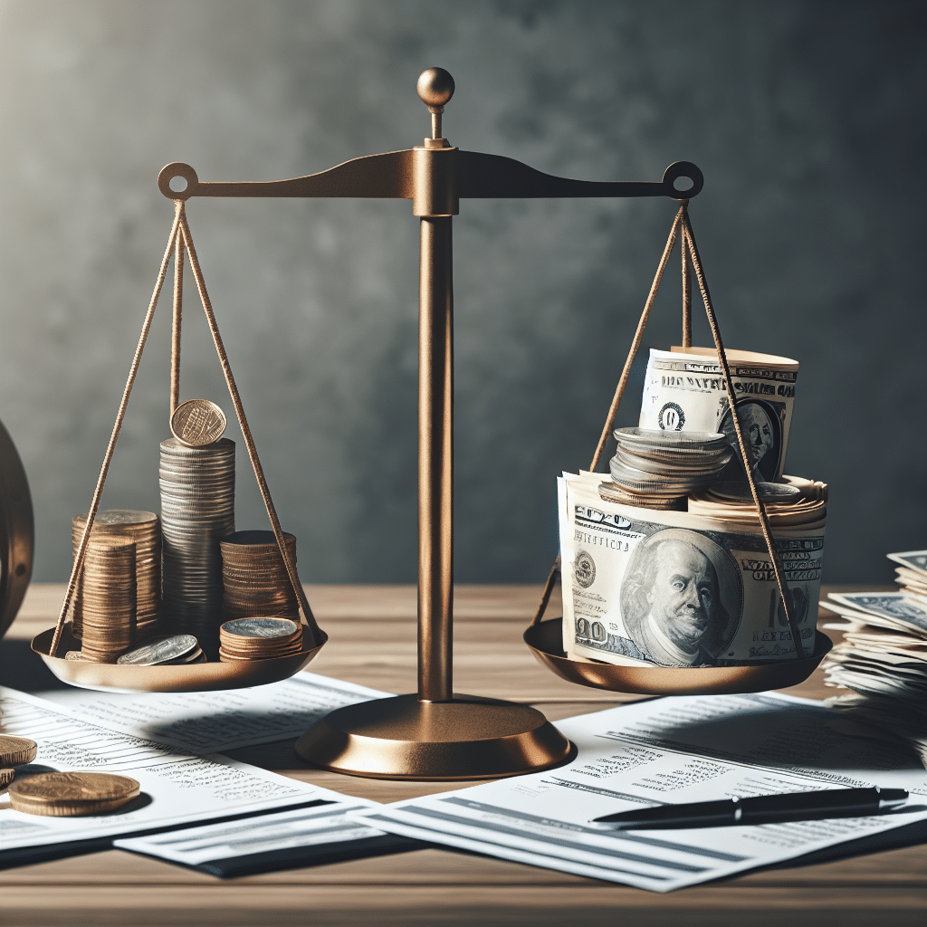 A visual representation of financial troubles and net worth, with no people or brand names present. The image features a balance scale, where on one side, there is a stack of coins and paper money illustrating wealth, and on the other side, a stack of bills and invoices representing financial troubles. All of this is placed on a desk with stylish wooden texture. Do not include any text within the image or on items. The focus is on the symbolism of finance and wealth.
