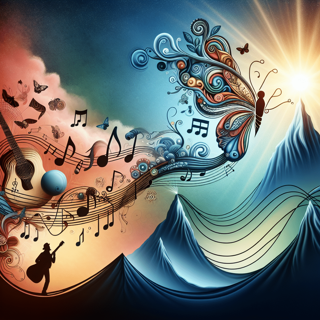 An abstract representation of an artist's musical journey intertwined with the process of self-discovery and success. Represent success as climbing a mountain against the backdrop of a rising sun. On one side, weave in elements symbolizing music like a guitar, music notes, a microphone, and on the other side symbols for self-discovery like a rainbow, a butterfly emerging from a cocoon. Remember, do not include any specific people, text, brand names, or logos in the image.