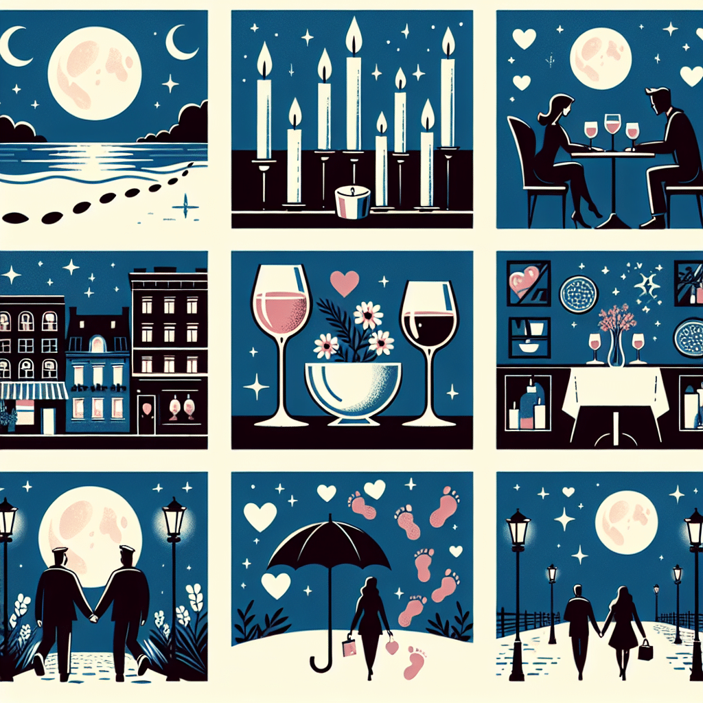 Illustration of various dates under the moonlight taking place by the ocean beachside, in a cozy restaurant, and in a romantic city alleyway, with the addition of quiet walks in the park. Instead of people, include symbolic elements: a pair of candles, two sets of footprints in the sand, a pair of wine glasses, two umbrellas close to each other. The locations and elements should represent a eclectic dating history without actual human figures.