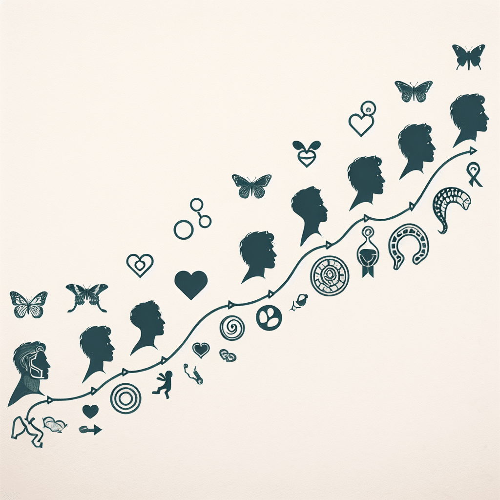 An abstract representation of a timeline, made from different symbols that could represent dating and transformation, on a clean background. The timeline starts with a simple heart at the beginning, representing young love, then progresses into more complex symbols, possibly indicating serious relationships. Interspersed along the timeline are symbols of change such as a butterfly or a chameleon, indicating transformations. The timeline ends with a strong, chiseled jawline, representing the subject's physical transformation. The entire scene is devoid of human figures, text, brand names, and logos.