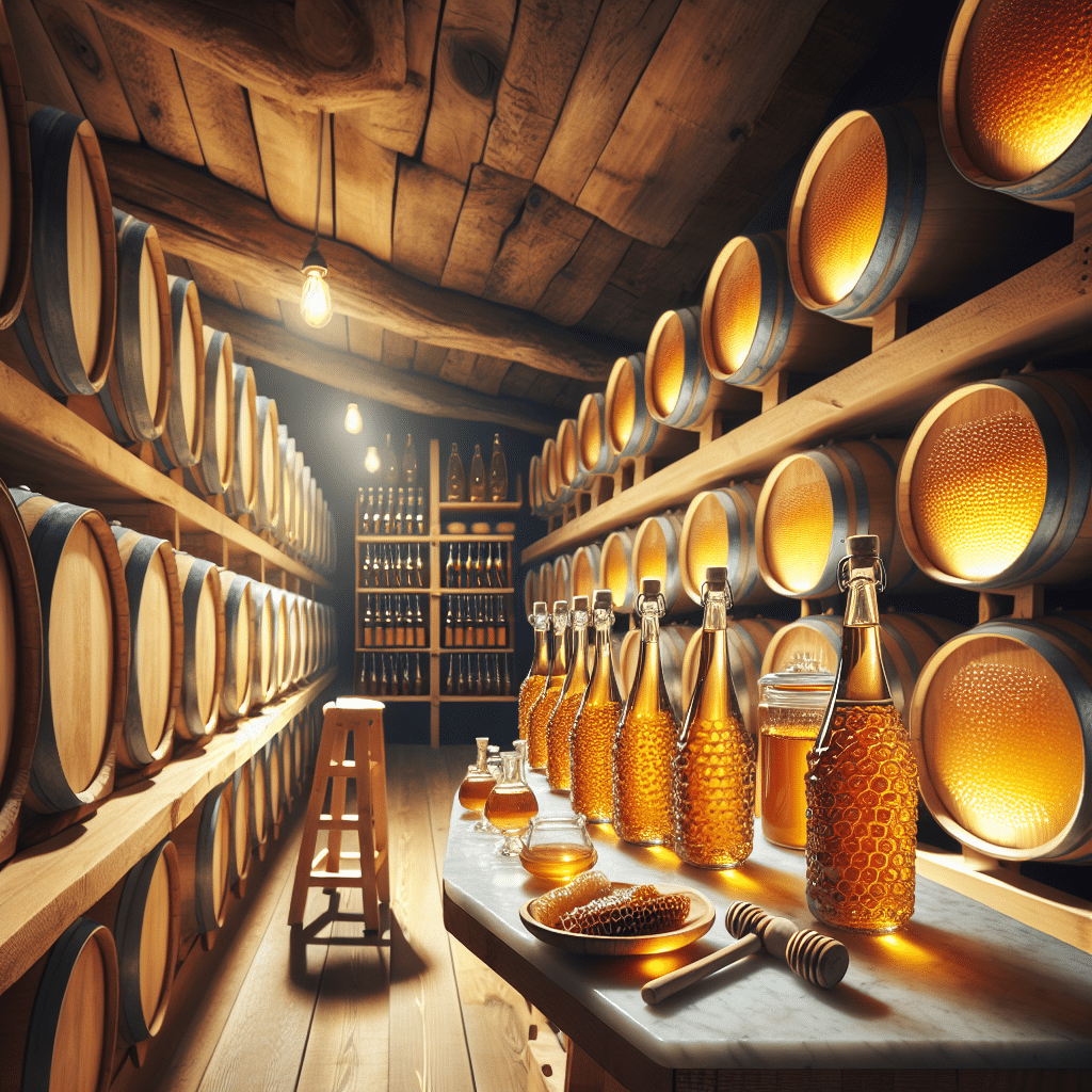 Inside a rustic meadery with wooden barrels placed symmetrically along the walls, filled with mead honey wine. Shelves lined with unlabelled, clear mead bottles, showcasing a golden color of the honey wine against the light. Craft tools used in the mead making process are neatly arranged on a clean marble table. Draw attention to exquisite details like corked bottle tops, gleaming glass, the rich texture of the honeycomb, and the transparent golden liquid. The atmosphere is warm with soft yellow lighting and wooden floor giving a homely vibe.