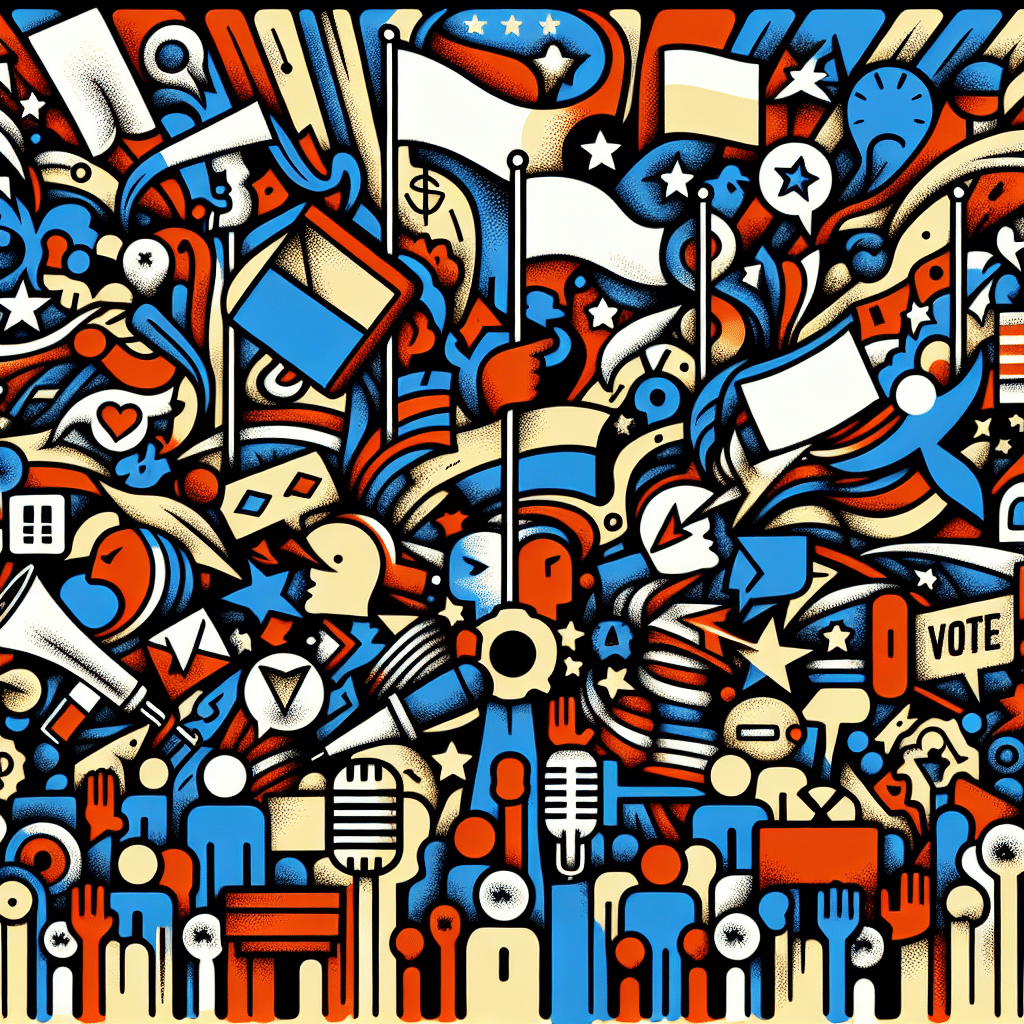 An illustrative image set in a diverse political landscape with numerous symbols indicative of various social issues. The space is filled with elements like voting boxes, placards, microphones representing public speech, drawn in an abstract and indirect manner. The color scheme is dominated by bold and flashy hues, red, blue, and yellow, reminiscent of the excitement, power, and dynamism of political discourse. Please note that the symbols represent broad themes and do not signify any specific individuals. There are no brand names, logos, people, or text present in this image.