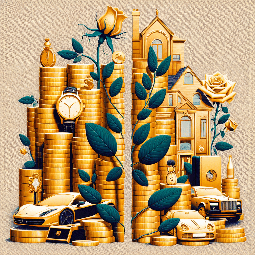 An abstract image embodying wealth and a past relationship, presented without actual human figures. The wealth is represented by a pile of golden coins and high-end non-branded items, such as an expensive watch, a luxury car, and a posh mansion. The past relationship is symbolized by two plants growing apart, with one being a sunflower and the other a rose, each on different sides of the image. Both elements, wealth and relationship, are tastefully rendered in a sober color palette.