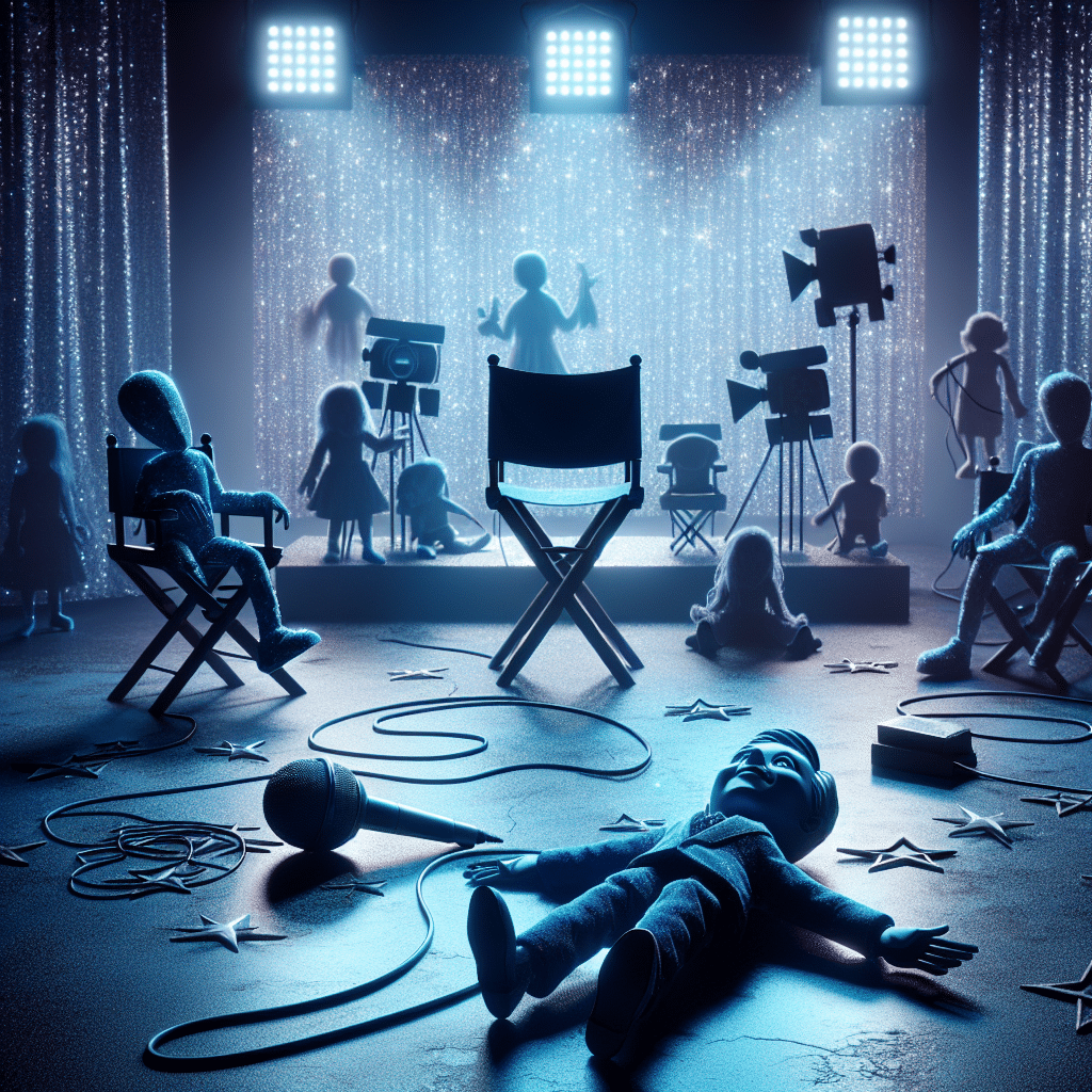 A gloomy retrospect to a glittery television studio indicating children entertainment, with phantom outlines of child sitcom actors, resigned, disconnected from the universe of fame. There lies a lonely microphone on the stage, symbolizing stage performance. The only human-like entity is a large puppet with its strings cut, rested awkwardly on a director's chair, symbolizing the management changes and unseen traumas behind the scene. The atmosphere is cold and filled with shadows, suggesting an uncanny behind-the-scenes of children's television production.