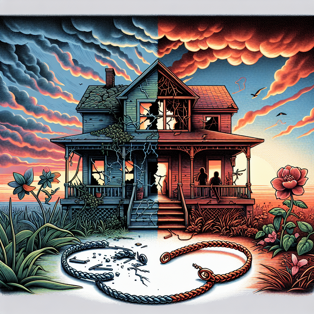 An illustration without any people, text, or brand names. It shows a variety of metaphors that communicate the tension and conflict implied by the original request. Depict a house that appears unkempt and neglected, with cracks in its structure and a garden filled with wilting, unattended plants. In the sky above, contrast this with a vibrant sunset, symbolizing the drama and intensity of a television show. On the ground, there are two halves of a broken friendship bracelet, symbolizing broken relationships and personal drama. These visual elements combine to create a powerful representation of the article's content.