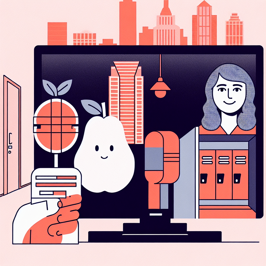 A minimalistic representation of a TV screen showcasing the city skyline of Seattle, a significant setting in the TV show iCarly. In the skyline, include iconography associated with the show like a pear symbol, a hallway with locker design and a microphone to symbolize a podcast. Next to it, an illustrative depiction of a voting booth, emphasizing civic engagement and political views without alluding to any specific standpoints or individuals.