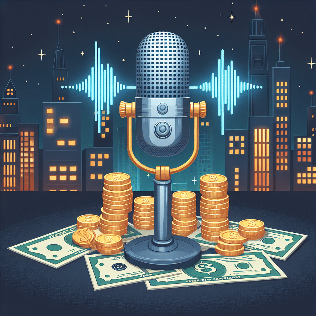 A vintage microphone set against the backdrop of a cartoon-like city at night. A stack of gold coins and dollar bills are arrayed around the microphone base, symbolizing wealth. Sound waves are seen emanating from the microphone, illustrating the concept of voice acting. No people, brand names or logos are visible in the scene. There's no text within the image nor on any items.