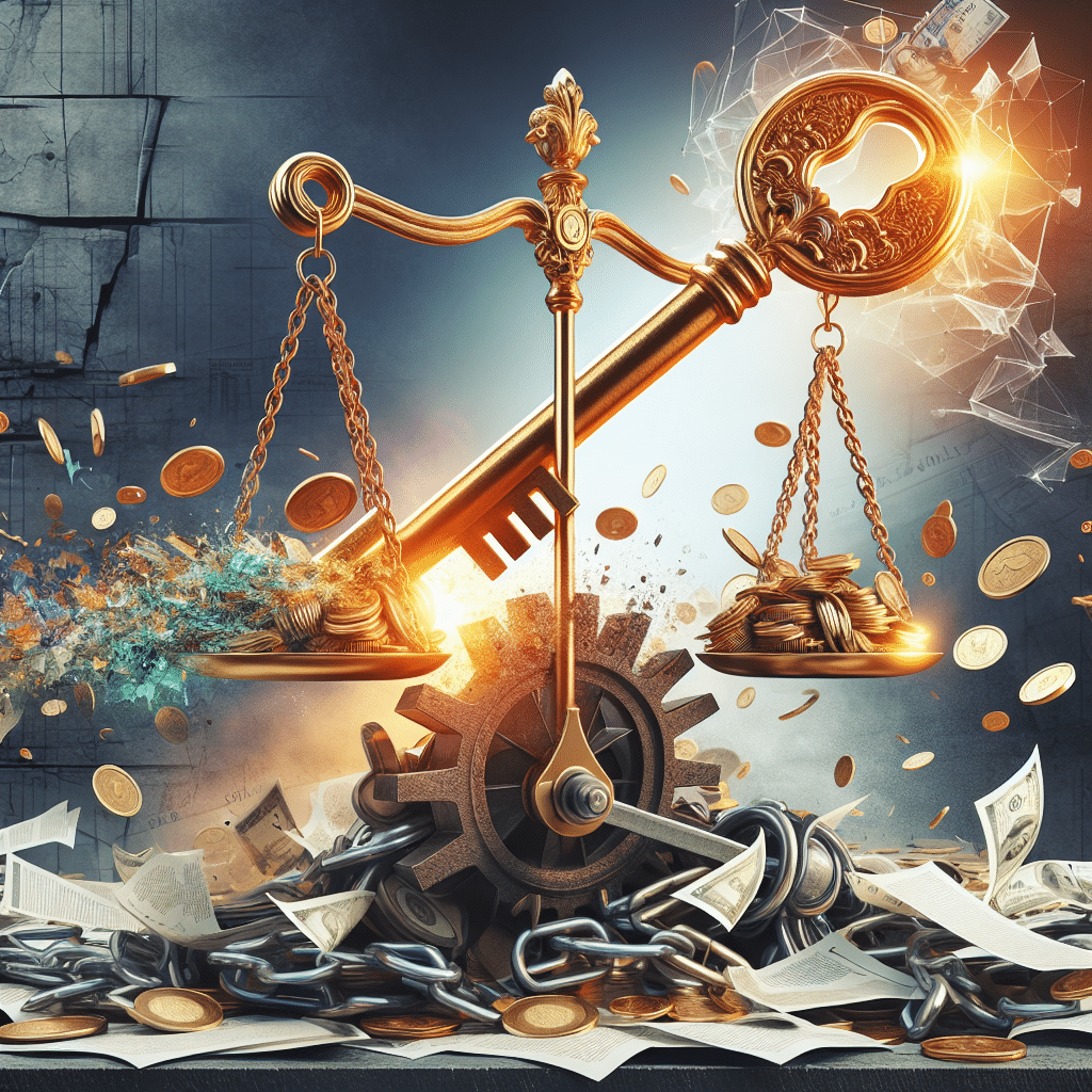 An abstract visualization of the concept of conservatorship coming to an end. Imagine a large, ornate golden key triumphantly breaking through a set of large iron chains against a background of disruptive court documentation. Generate the image in a way to evoke a sense of liberation and financial wealth, perhaps incorporate a seesaw balanced with coins on one side and a broken lock on the other. Include symbols commonly associated with wealth and freedom, like a bird flying free or a treasure chest, without any direct reference to people or brand names.